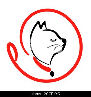 Cat walking service logo in line style on round from leash. Happy kitty training icon. Walk pet symbol in black red vector outline illustration. Simple Cartoon animal logotype. Stock Vector