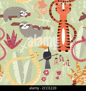 Seamless pattern with cute rain forest animals, tiger, snake, sloth, vector illustration Stock Vector