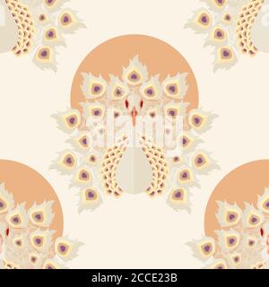 Seamless pattern with colorful peacock birds and feathers, hand drawn, vector illustration Stock Vector