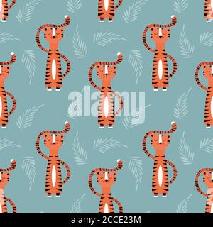 Seamless pattern with cute jungle orange tiger on blue background, vector illustration Stock Vector
