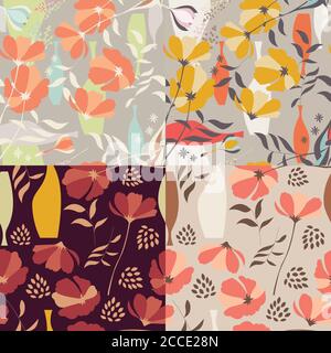 Collection of four vector seamless patterns with floral elements, spring flowers, poppies and vases, vector illustration Stock Vector