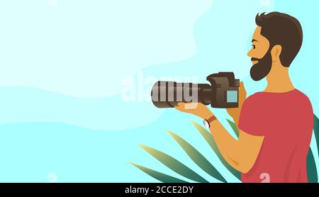The man takes pictures with the camera. Stock Vector