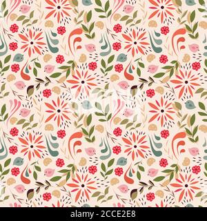 Seamless pattern design with little flowers, floral elements, birds, vector illustration Stock Vector