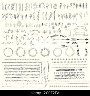 Hand drawn vintage leaves, arrows, feathers, wreaths, dividers, ornaments and floral decorative elements, vector illustration Stock Vector