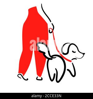 Walking dog line illustration for modern card. Sketch pet walks on leash vector design. Thin outline training animal care. Puppy with human minimal linear drawing logo highlights. Stock Vector