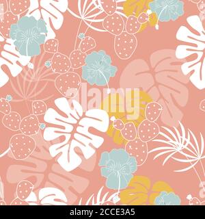 Seamless tropical pattern with monstera palm leaves, plants, flowers and cactus on pink background, vector illustration Stock Vector