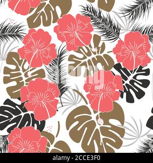 Seamless tropical pattern with monstera leaves and flowers on white background, vector illustration Stock Vector