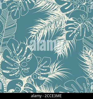 Summer seamless tropical pattern with monstera palm leaves and plants on blue background, vector illustration Stock Vector