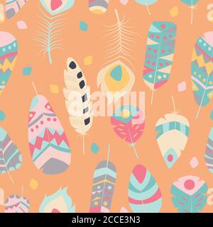 Seamless pattern with boho vintage tribal ethnic colorful vibrant feathers, vector illustration Stock Vector