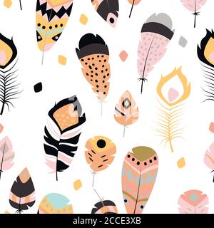 Seamless pattern with boho vintage tribal ethnic colorful vibrant feathers, vector illustration Stock Vector