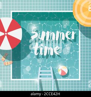 Swimming pool, top view, summer time holiday vacation, clear water with parasols, vector illustration Stock Vector