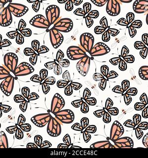 Seamless pattern with colorful butterflies and bees, nature life, vector illustration Stock Vector