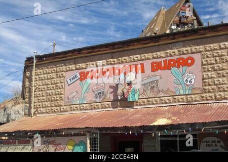 Oatman, AZ / USA – October 12, 2016: A view of the Bucktooth Burro gift shop sign in the Route 66 tourist town of Oatman, Arizona. Stock Photo