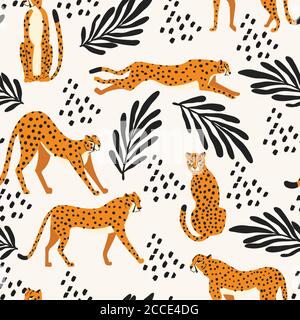 Seamless pattern with hand drawn exotic big cat cheetahs, with tropical plants and abstract elements on white background. Colorful flat vector illustr Stock Vector