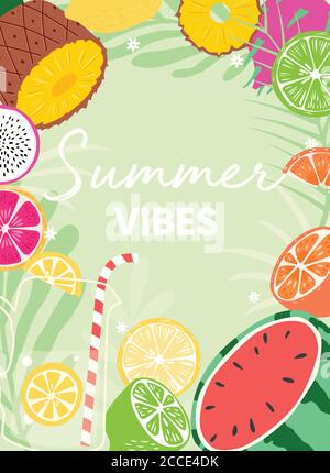 Fruit design with summer vibes typography slogan and fresh fruit and lemonade on light green background. Collection of tropical fruits and plants. Col Stock Vector