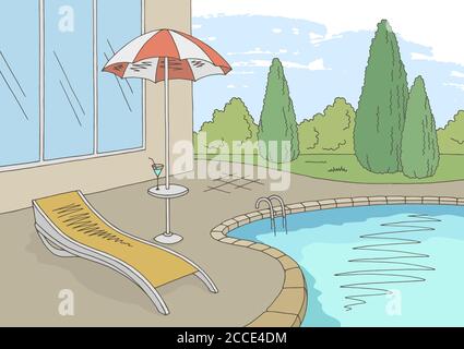 Swimming pool graphic color landscape sketch illustration vector Stock Vector