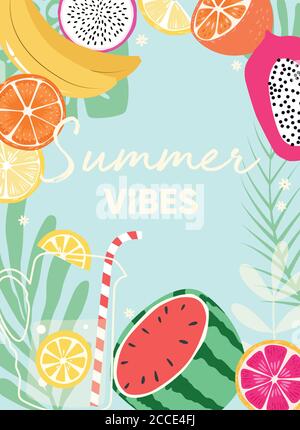 Fruit design with summer vibes typography slogan and fresh fruit and lemonade on light blue background. Collection of tropical fruits. Colorful flat v Stock Vector