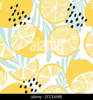 Fruit seamless pattern, lemons on white background with tropical leaves and abstract elements. Summer vibrant design. Exotic tropical fruit. Colorful Stock Vector