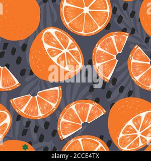 Fruit seamless pattern, orange halves and slices with tropical leaves and abstract elements on dark purple background. Summer vibrant design. Exotic t Stock Vector