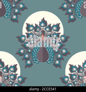 Seamless pattern with colorful peacock birds and feathers, hand drawn, vector illustration Stock Vector