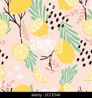 Fruit seamless pattern, lemons with branches, leaves and flowers on pink background. Summer vibrant design. Exotic tropical fruit. Colorful vector ill Stock Vector