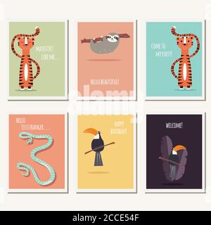 Six greeting cards with cute wild animals and text message, vector illustration Stock Vector