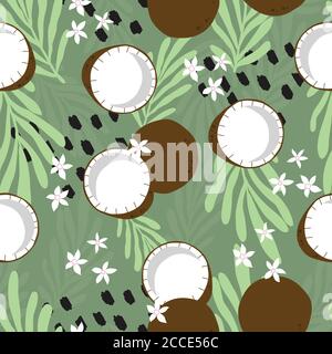 Fruit seamless pattern, coconut with tropical leaves, flowers and abstract elements on green background. Summer vibrant design. Exotic tropical fruit. Stock Vector