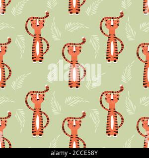 Seamless pattern with cute jungle orange tiger, vector illustration Stock Vector