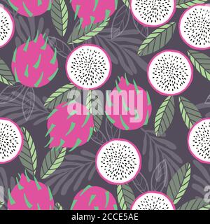 Fruit seamless pattern, dragon fruit with tropical leaves on dark purple background. Summer vibrant design. Exotic tropical fruit. Colorful vector ill Stock Vector