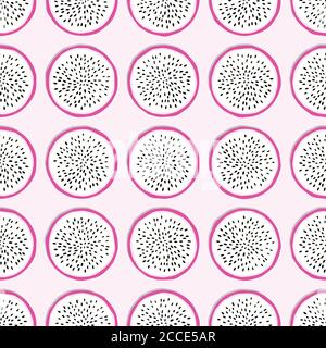 Fruit seamless pattern, dragon fruit slices with shadow on light pink background. Summer vibrant design. Exotic tropical fruit. Colorful vector illust Stock Vector