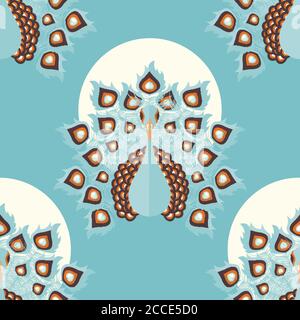 Seamless pattern with colorful peacock birds and feathers, hand drawn, vector illustration Stock Vector