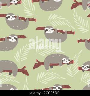 Seamless pattern with cute jungle sloths on green background, vector illustration Stock Vector
