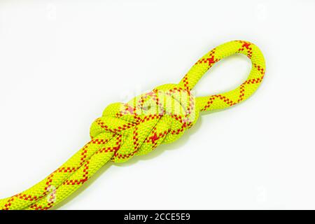 double Flemish loop or figure eight 8 knot or spider hitch use for attaching rope to climbing harness and create a mustache self insurance and attach Stock Photo
