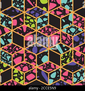Terrazzo seamless pattern design with hand drawn rocks with honeycomb pattern. Abstract modern background, flat vector illustration Stock Vector