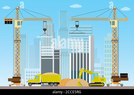 Construction site,crane and construction machinery,flat vector illustration Stock Vector