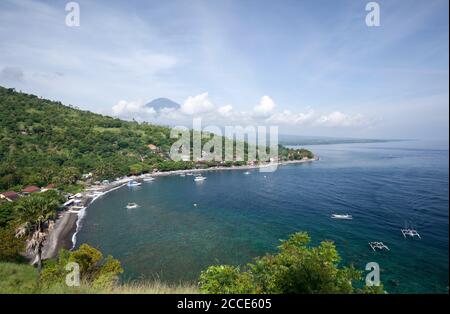 Jemeluk Beach and Gunung Agung, Bali Stock Photo