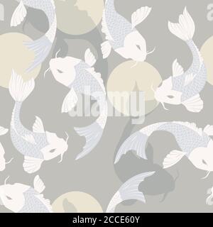 Seamless pattern with carp koi fish and sun, traditional japanese art, vector illustration Stock Vector