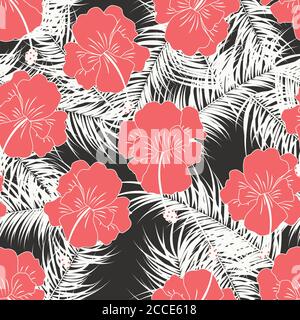 Seamless tropical pattern with white leaves and red flowers on white background, vector illustration Stock Vector