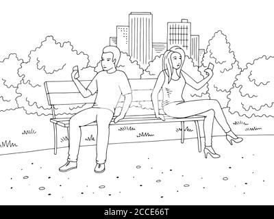 Man and woman sitting on a bench and looking at the phone park graphic black white landscape sketch illustration vector Stock Vector