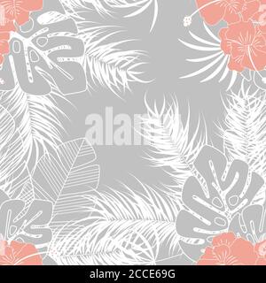 Summer seamless tropical pattern with monstera palm leaves and plants on gray background, vector illustration Stock Vector