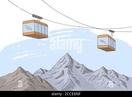 Cable car graphic mountain color landscape sketch illustration vector Stock Vector