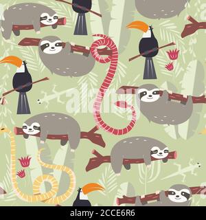 Seamless pattern with cute rain forest animals, toucan, snake, sloth, vector illustration Stock Vector