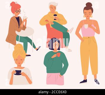 Group of young people drinking coffee. Women and man, young people, sitting and standing, enjoying a beverage, isolated flat vector illustration Stock Vector