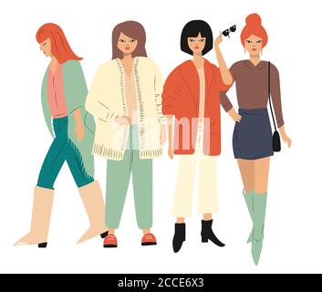 Four young women in autumn clothes standing and walking. Isolated on white. Flat vector illustration Stock Vector