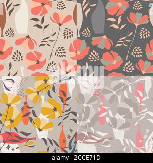 Collection of four vector seamless patterns with floral elements, spring flowers, poppies and vases, vector illustration Stock Vector