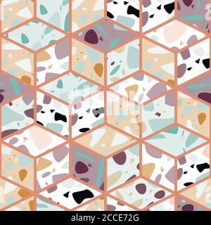 Terrazzo seamless pattern design with hand drawn rocks with honeycomb pattern. Abstract modern background, flat vector illustration Stock Vector