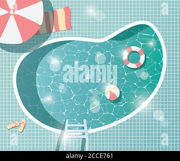 Swimming pool, top view, summer time holiday vacation, clear water with parasols, vector illustration Stock Vector