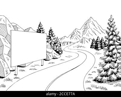 Mountain road billboard graphic black white landscape sketch illustration vector Stock Vector