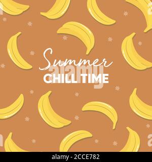 Fruit design with summer chill time typography slogan and fresh bananas on brow background. Colorful flat vector illustration Stock Vector