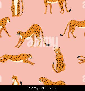 Seamless pattern with hand drawn exotic big cat cheetahs, stretching, running, sitting and walking on pink background. Colorful flat vector illustrati Stock Vector